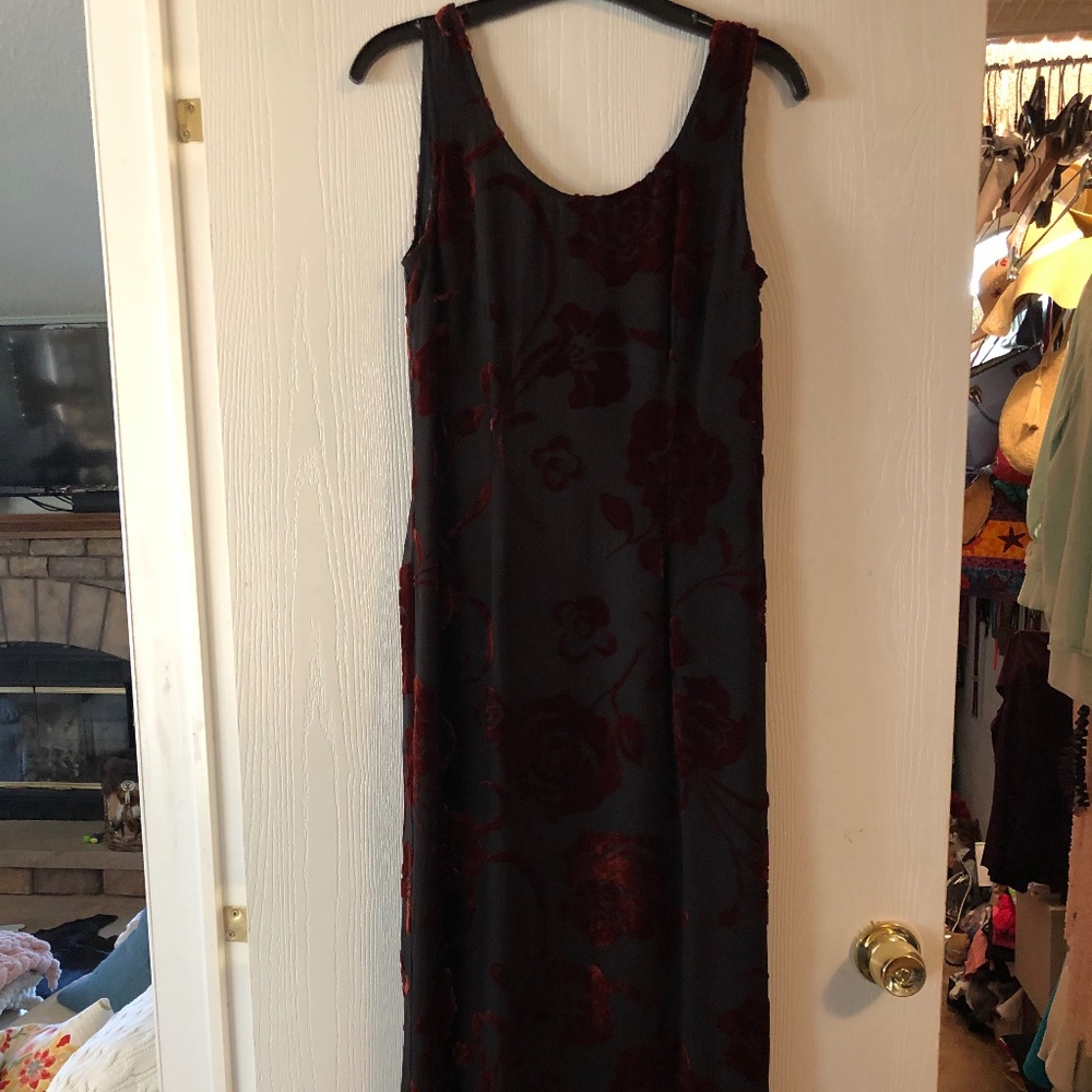 Laura Ashley long black dress w/red velvet Rosette